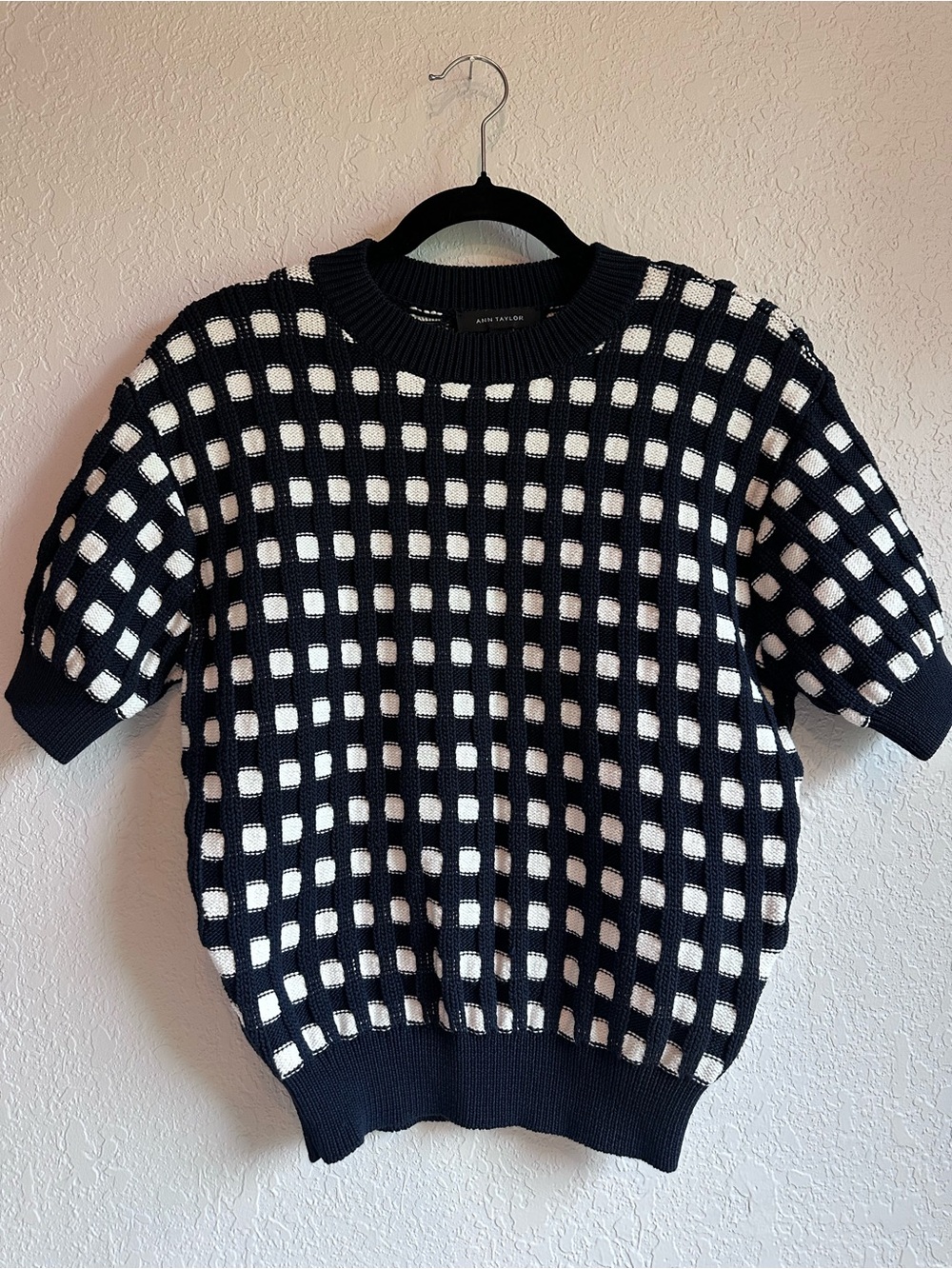 Ann Taylor Navy and White Check Short-Sleeve Crewneck Sweater